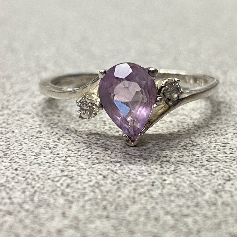 Vintage Avon Signed Sterling Silver 925 Pear Amethyst & CZ Accent Ring Size 8.75